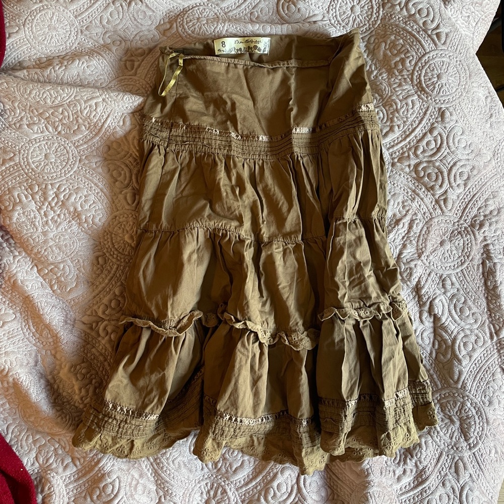 beige midi ruffle skirt with satin detailing